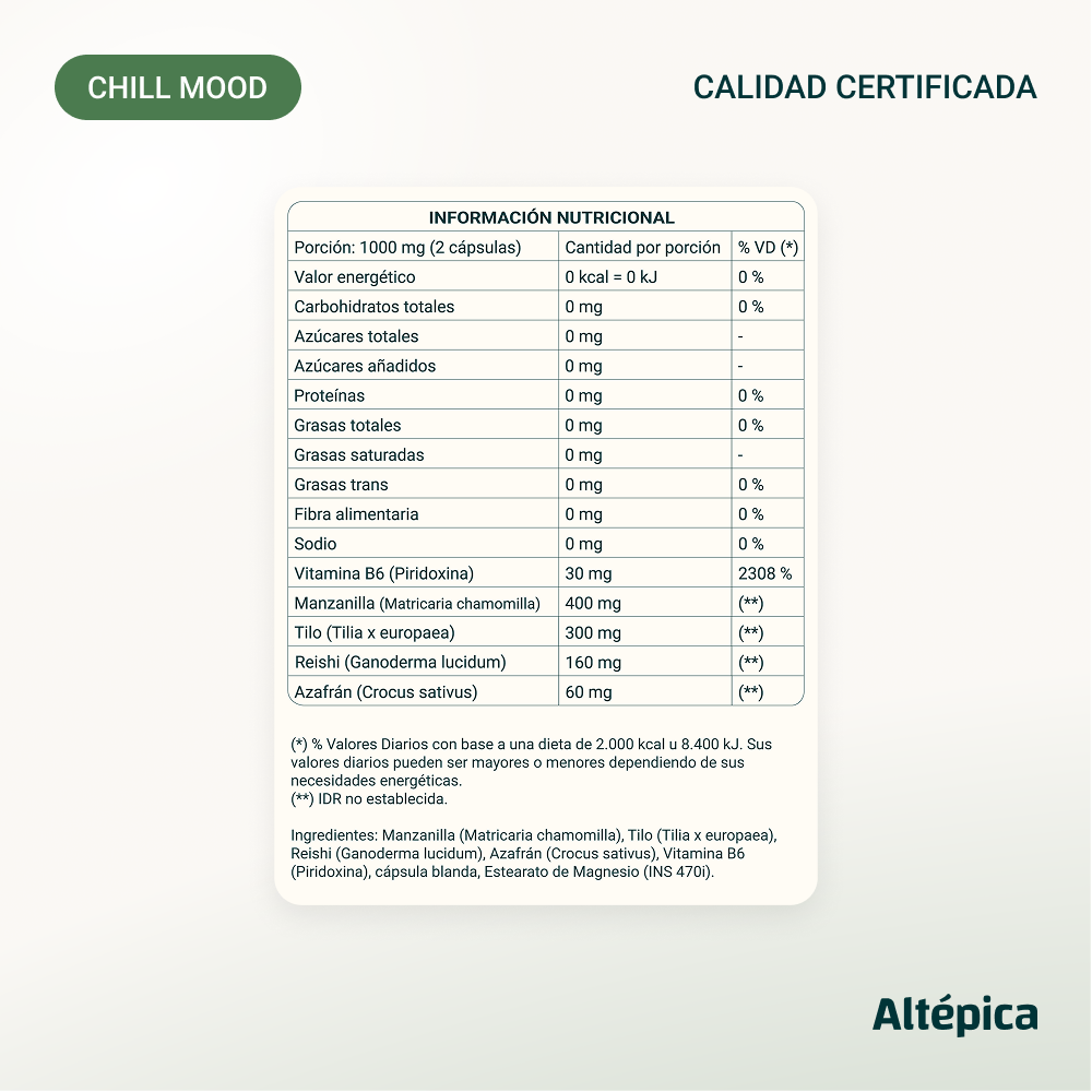 Chill Mood de Altépica, suplemento con reishi, azafrán, manzanilla y tilo (imagen 7 de 7)